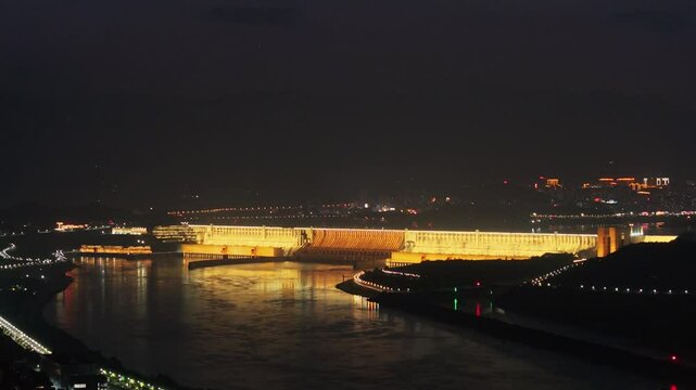 aerial video of the three gorges dam at night, Yichang city, Hubei province, China