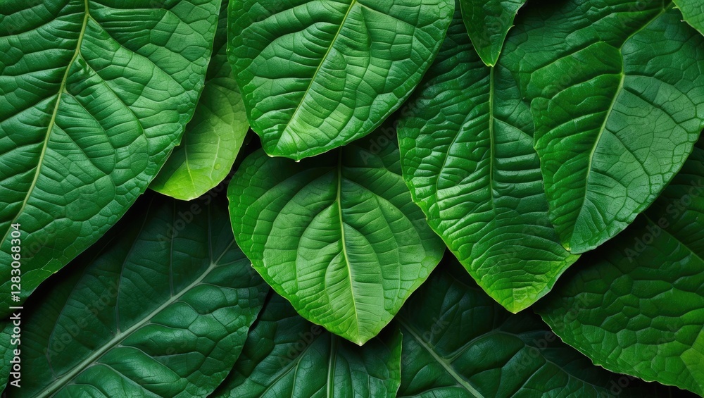 Aufkleber Detailed macro close-up of lush green leaf textures showcasing intricate patterns and rich natural colors for background or design use.