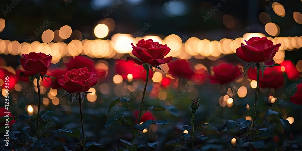 Poster Romantic garden scene featuring vibrant red roses in the foreground surrounded by soft glowing bokeh lights in the background creating a dreamy atmosphere.