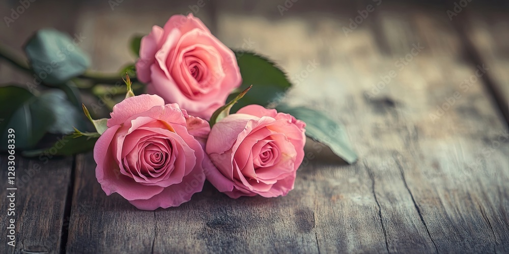 Poster delicate pink roses arranged on a rustic wooden table with natural light creating soft shadows enhan