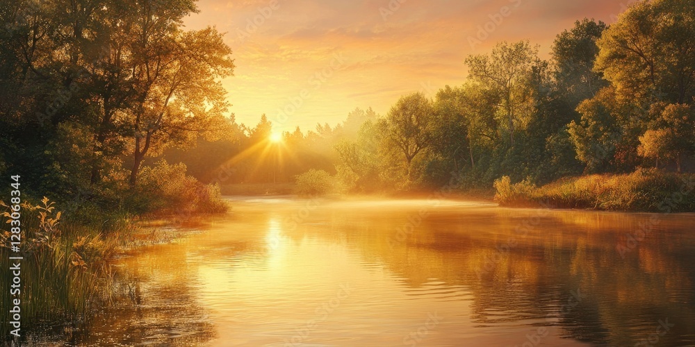 Poster serene morning sunrise illuminating a calm river with golden reflections surrounded by lush green tr