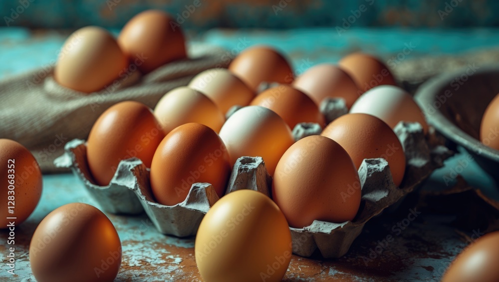 Poster fresh farm eggs arranged in a rustic setting showcasing natural colors and textures ideal for culina