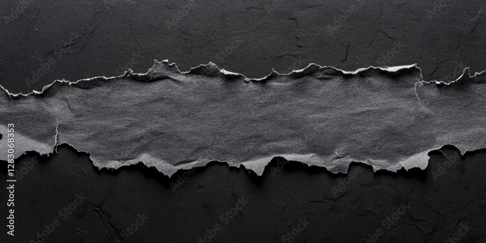 Aufkleber torn black paper texture with jagged edges creating a dramatic horizontal opening revealing a contra