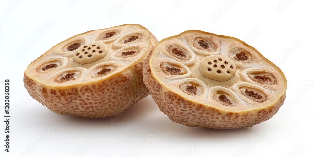 Aufkleber Sliced lotus root showcasing intricate patterns against a bright white background with light taupe tones and circular sections prominently displayed.
