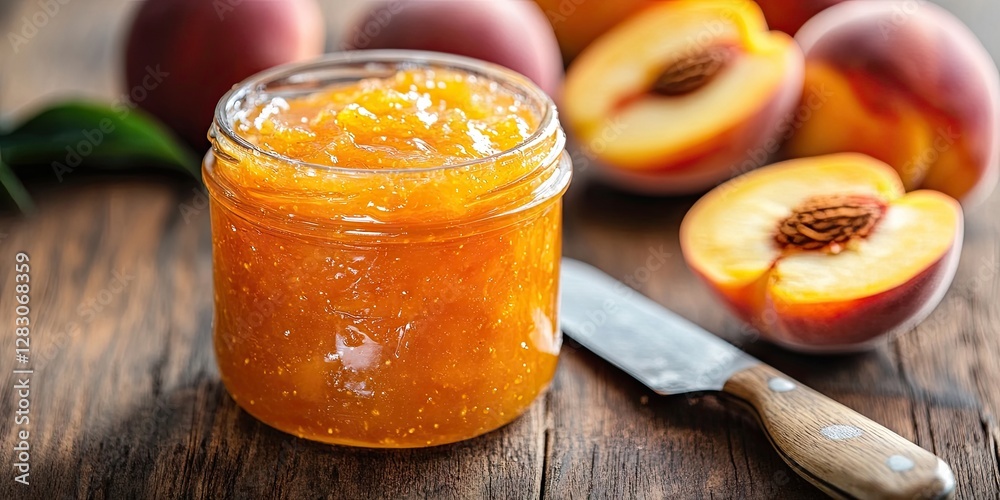 Poster peach marmalade jar with a wooden handled spreading knife on a rustic wooden table with fresh peach 