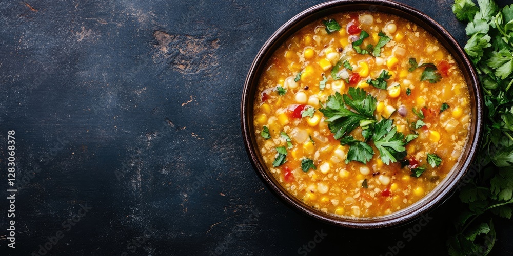 Poster colorful quinoa and corn soup in a dark bowl with vibrant toppings, set against a textured dark gray