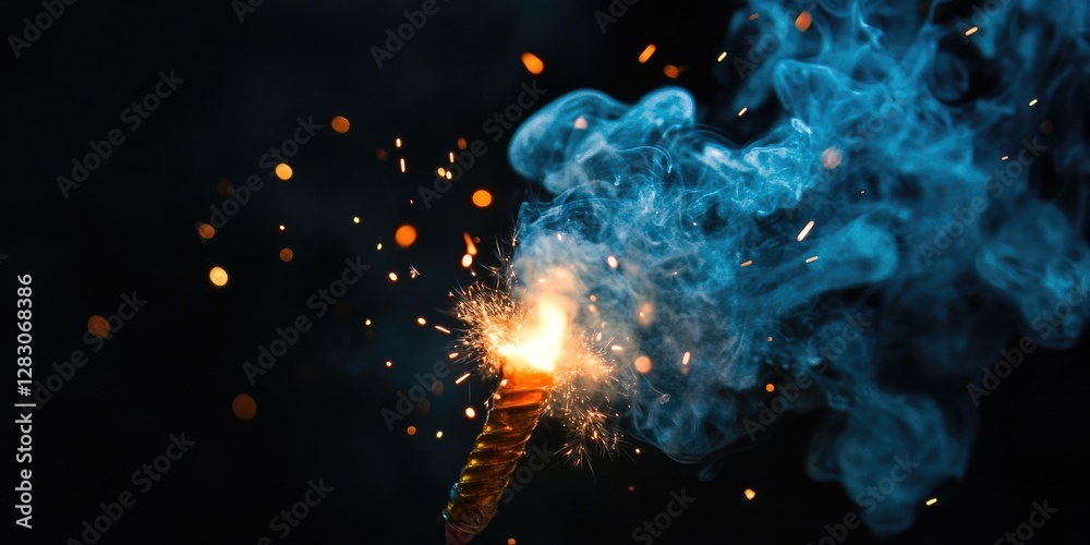 Aufkleber ignited fuse emitting bright sparks and swirling blue smoke on a dark backdrop with a focus on dynam