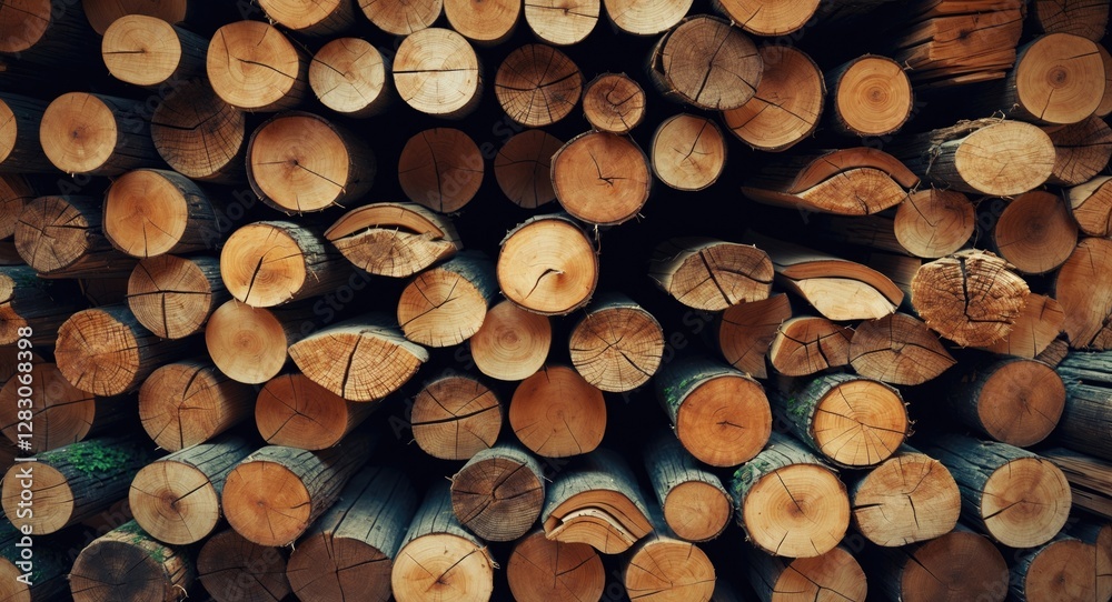 Poster Close-up view of stacked logs showcasing natural wood textures and patterns in a rustic outdoor setting.