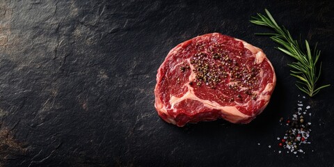 Obraz premium Raw ribeye steak with spices on dark stone surface, accented by fresh rosemary and scattered sea salt, ample negative space for text placement.