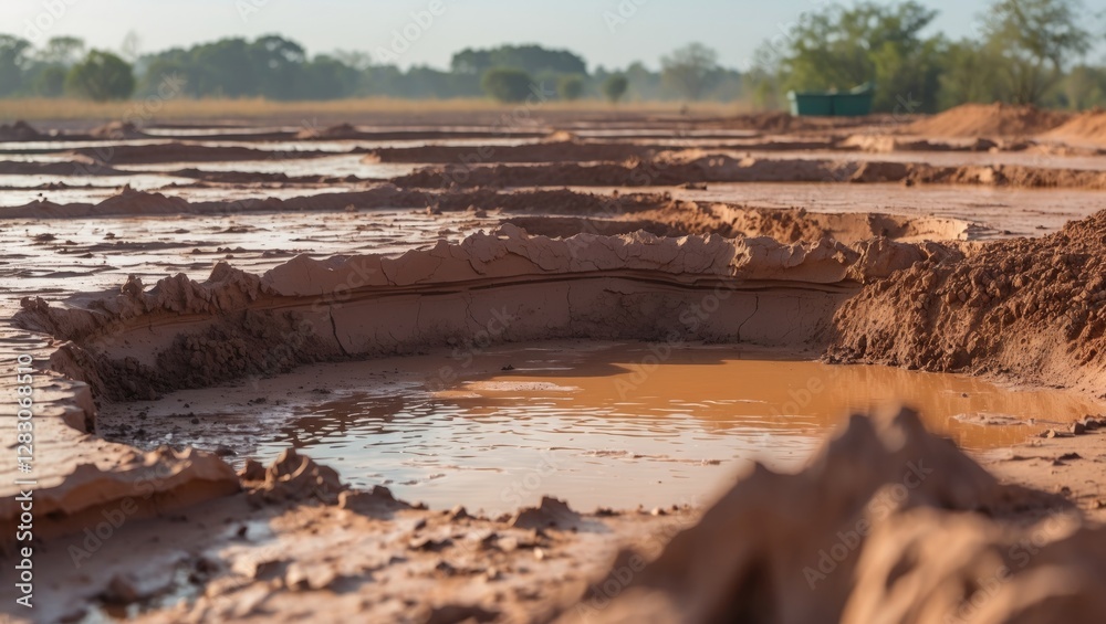 Poster drying clay landscape at the onset of the dry season with water pools highlighting the transition in