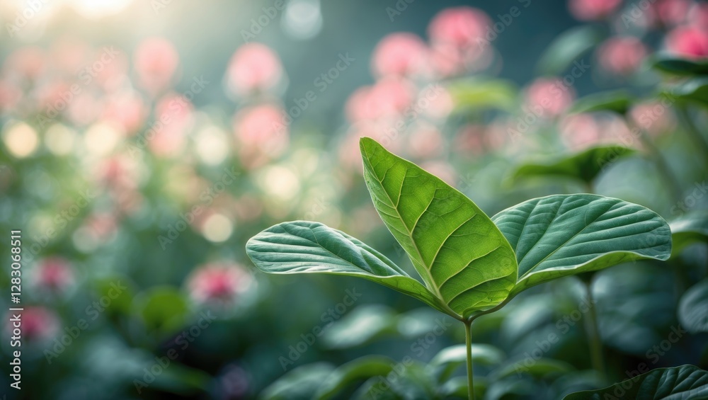 Poster Close up of vibrant green leaf illuminated by soft morning light with blurred colorful flowers in the background creating a serene atmosphere.