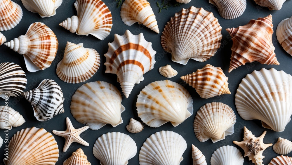 Poster diverse assortment of aegean sea shells arranged on a dark background showcasing summer vibes and na