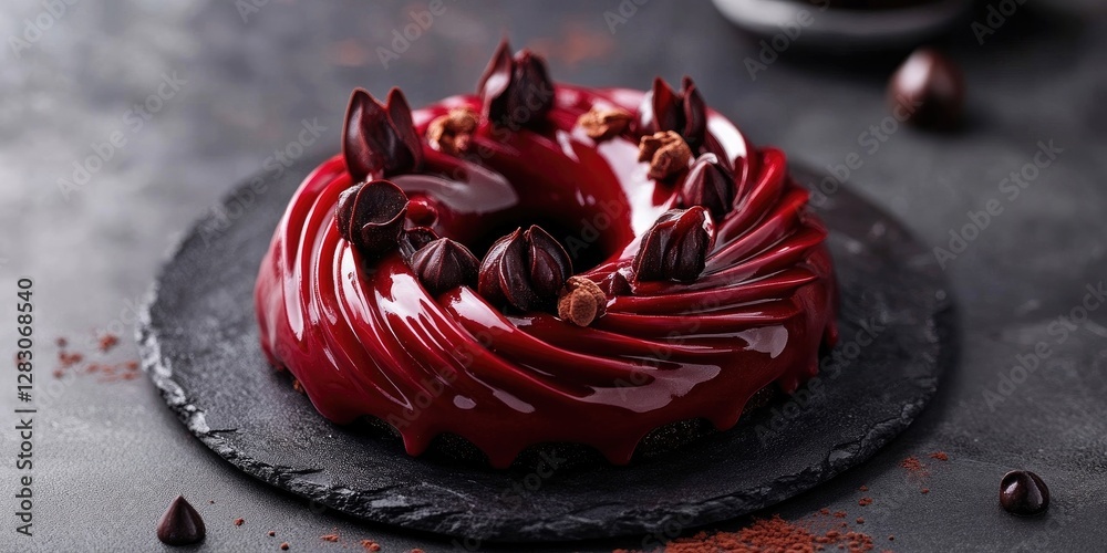 Poster red glossy chocolate cake with intricate swirls topped with chocolate decorations and placed on a bl