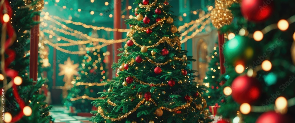Poster Decorated Christmas tree with colorful ornaments and lights in a festive holiday setting creating a cheerful New Year background atmosphere