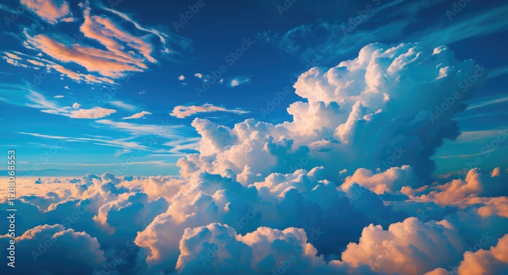 Poster Majestic clouds illuminated by sunlight floating in a vibrant blue sky creating a serene and uplifting atmosphere.