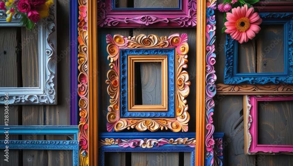Poster intricately designed colorful wooden frames displaying artistic craftsmanship and floral accents aga