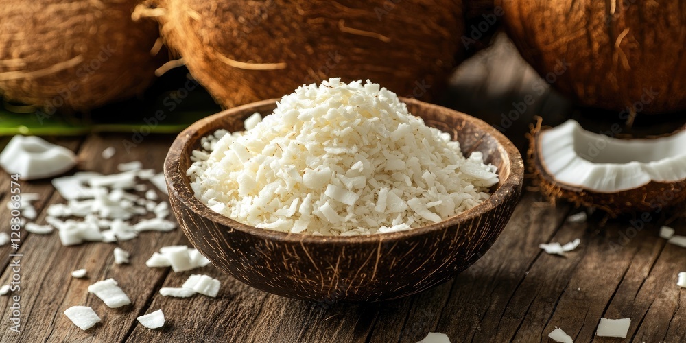 Poster shredded coconut flakes piled in a wooden bowl with coconut shells and flakes scattered on a rustic 