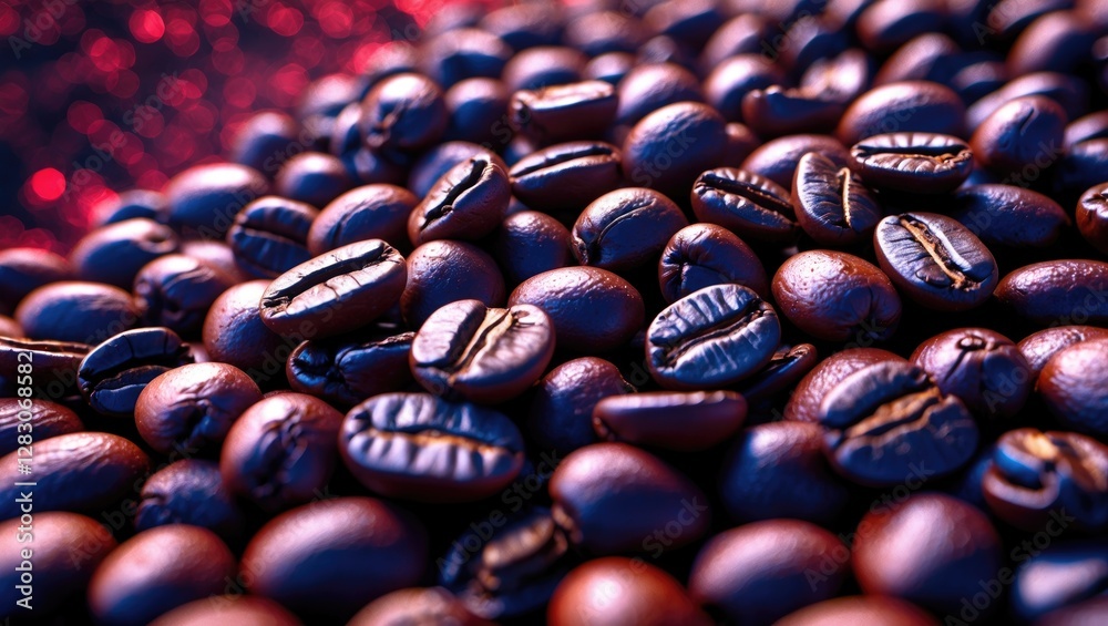 Aufkleber coffee beans close-up with glossy texture on a vibrant colorful background ideal for beverage and cu
