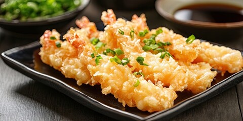 Crispy sweet potato tempura arranged on a black plate with green onions on top served with dipping sauce in the background on a wooden table