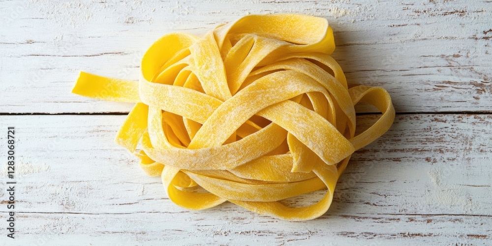 Aufkleber fresh raw tagliatelle pasta arranged in a circular pile on a textured white wooden surface with soft