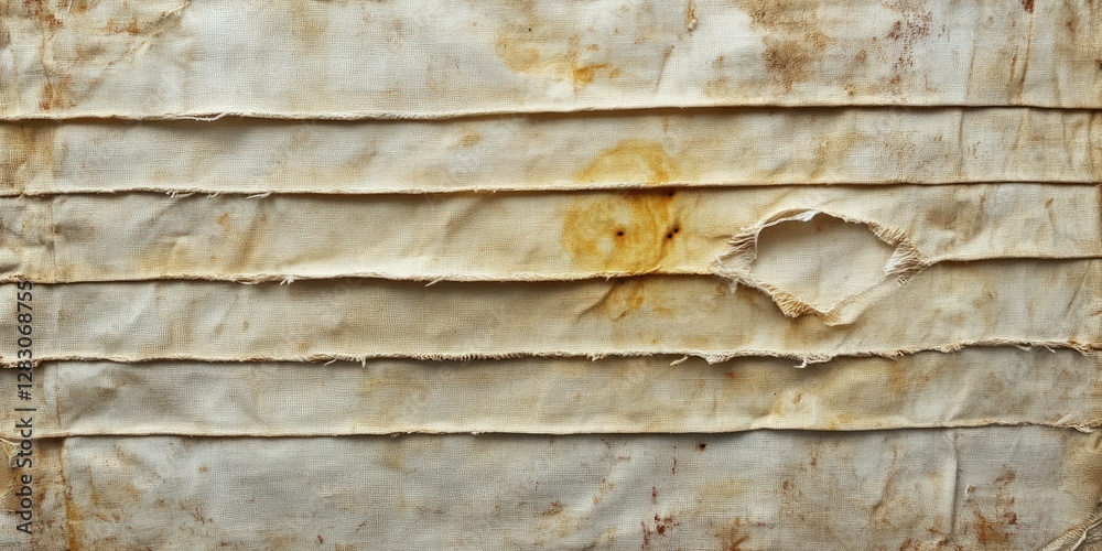 Aufkleber textured fabric with worn, frayed edges in beige tones, featuring a circular stain and horizontal fo