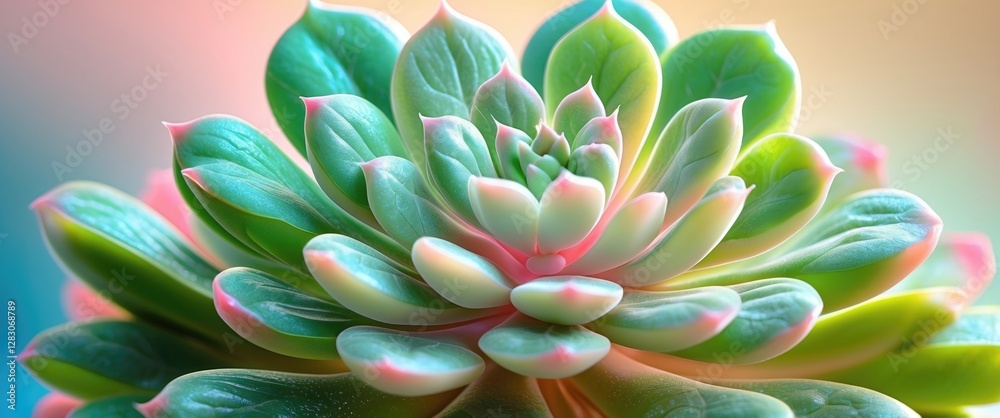 Poster vibrant closeup of a succulent plant showcasing intricate layered leaves with soft pastel colors and