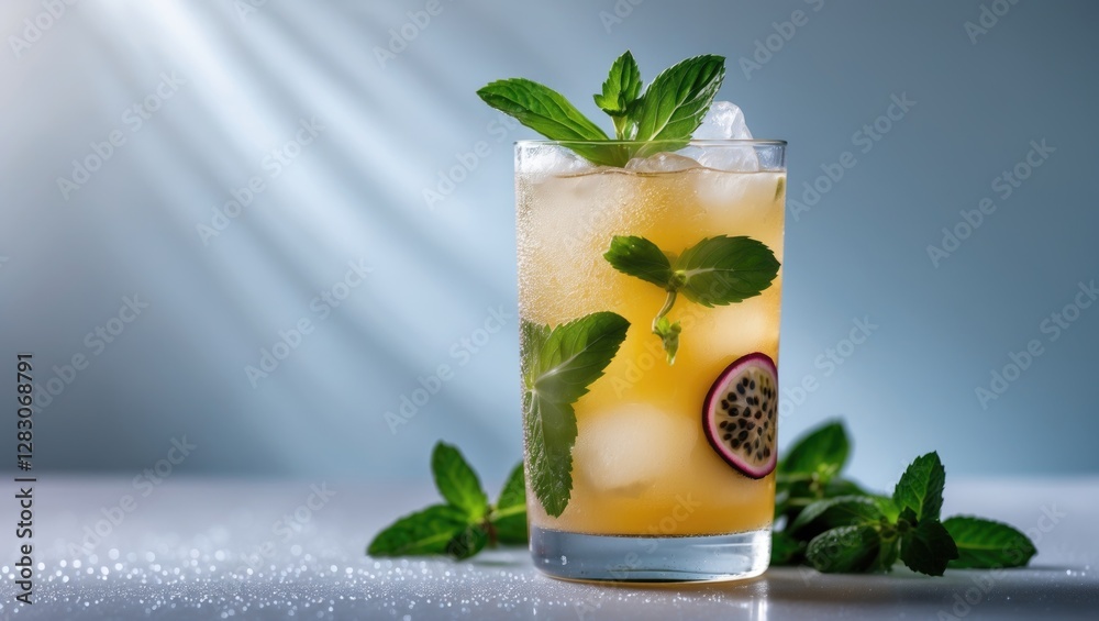 Poster refreshing passion fruit iced tea cocktail garnished with mint leaves and ice cubes with empty space