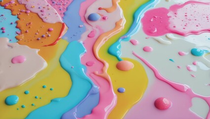 Pastel liquid paint abstract background with colorful swirls and droplets for creative art designs and minimalist compositions