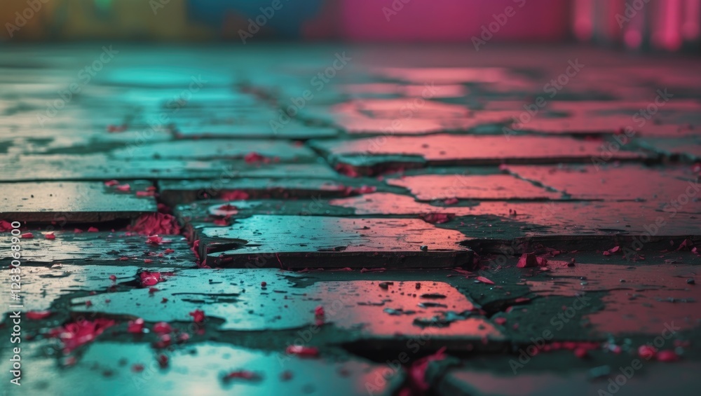 Poster grunge urban floor texture with cracks and colorful lighting effects creating an artistic abstract b