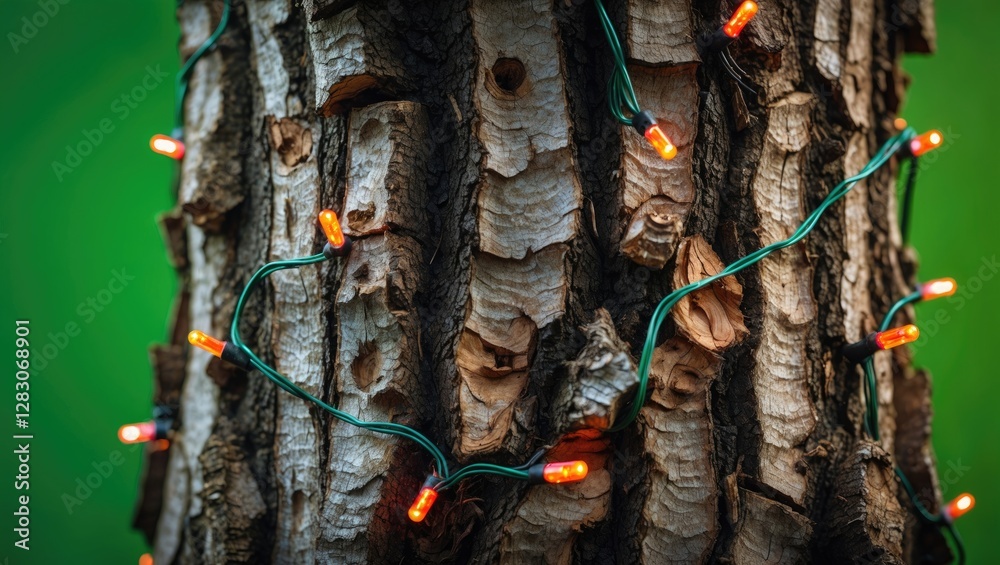 Aufkleber Close up of textured tree bark adorned with colorful LED lights against a vibrant green background creating a festive atmosphere.