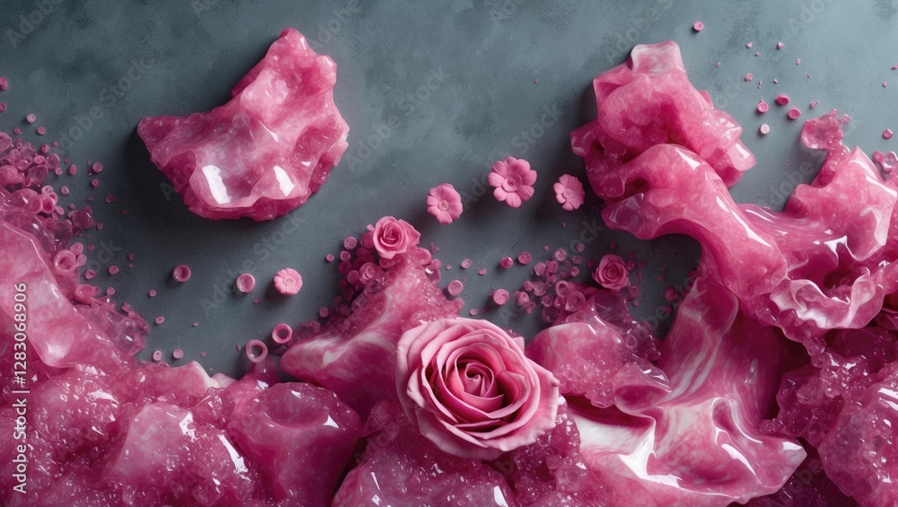 Poster pink greek marble with a rose on a gray background showcasing textures and colors for artistic and d