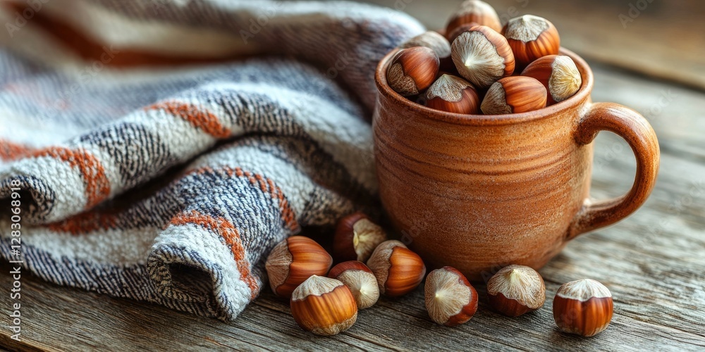 Poster a rustic clay mug filled with hazelnuts sits atop a wooden table, surrounded by shells and a striped