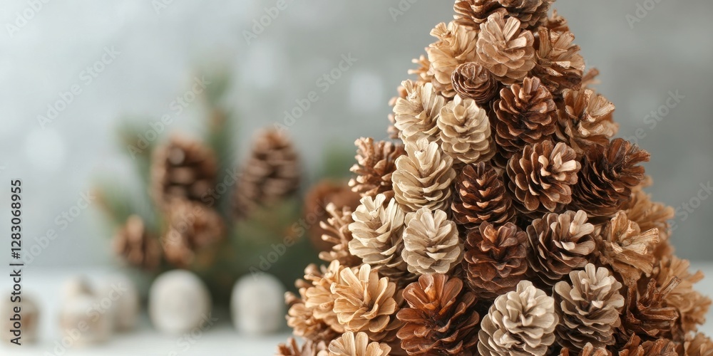 Aufkleber festive pine cone christmas tree arrangement in warm browns and creams with blurred greenery backgro