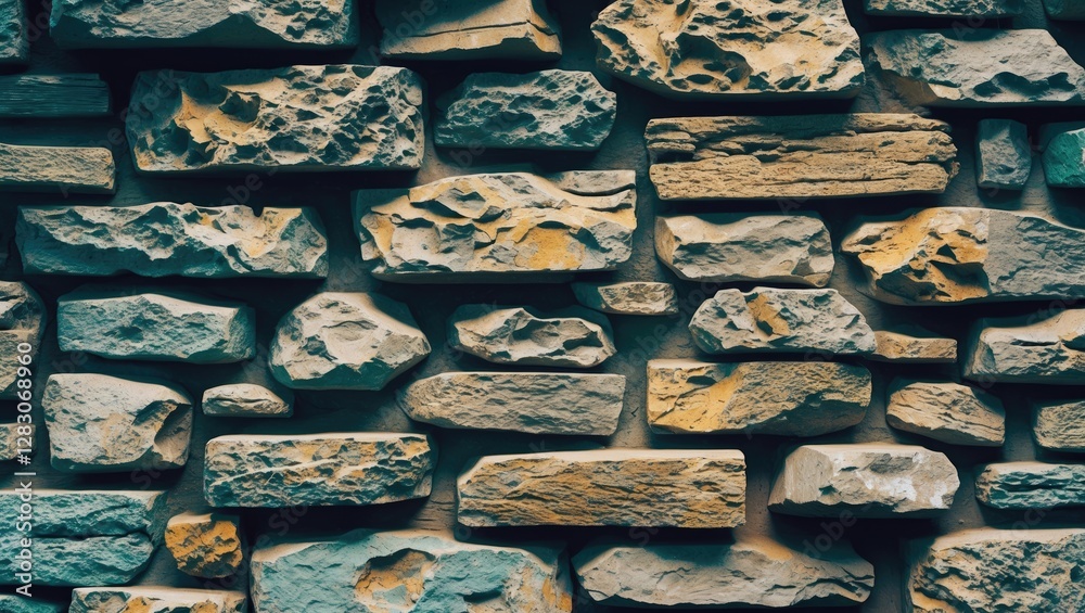 Poster textured background of rough stone wall showcasing varying colors and shapes ideal for construction 