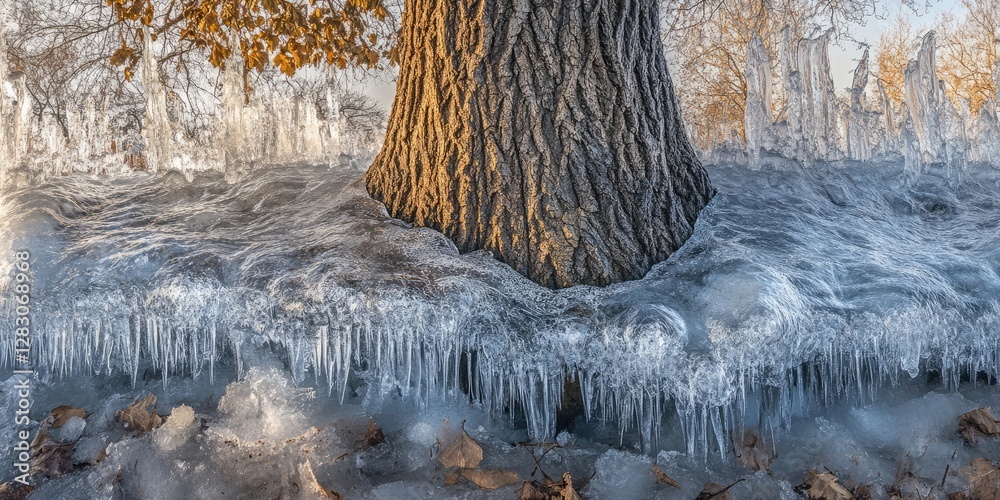 Aufkleber Frozen landscape featuring a large tree trunk with frosty bark, surrounded by icicles and a layer of ice, capturing a winter wonderland scene.