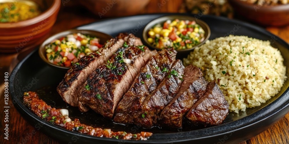 Poster Grilled steak slices on a black plate with quinoa and colorful side dishes of salsa and corn salad on a rustic wooden table setting