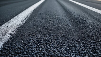 Asphalt road surface texture with white lane markings detailing the grainy and rough characteristics of the material under natural light.