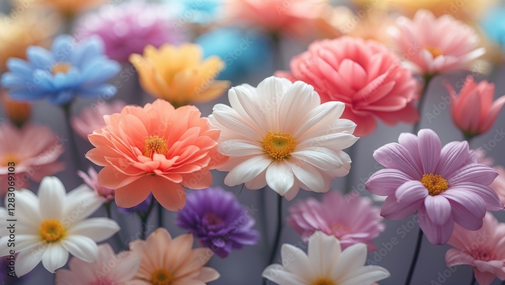 Poster Soft focus colorful flowers on textured mulberry paper background creating a serene and artistic floral composition for design purposes.