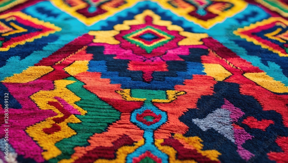 Poster vibrant close-up of a colorful african peru style rug showcasing intricate patterns and rich texture