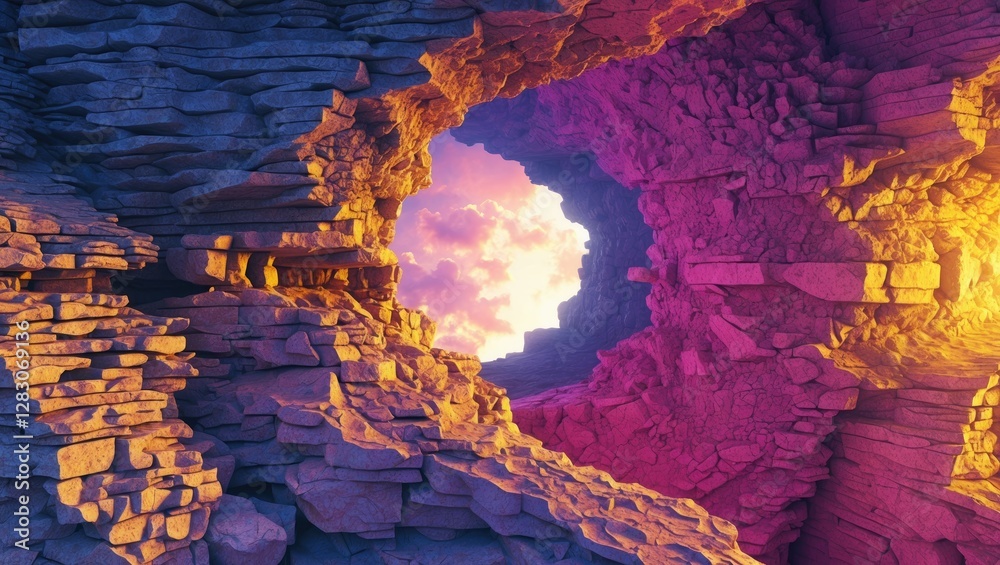 Poster colorful stone texture with a dramatic sunset view through rocky formations creating a mystical land