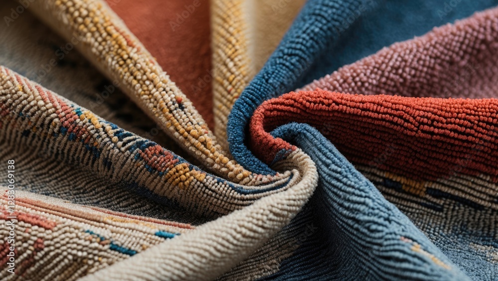 Poster textured colorful carpet fabric showcasing intricate designs and rich hues in a close-up detailed vi