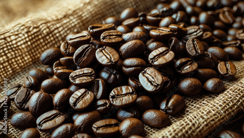 Poster coffee beans scattered on burlap fabric showcasing rich textures and natural elements for culinary o