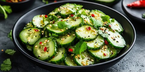 Fresh smashed cucumber salad in a black bowl topped with sesame seeds, red chili, and cilantro, featuring vibrant green cucumbers against a dark background.