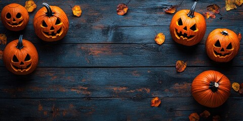 Halloween pumpkins arranged on a weathered dark blue wooden table with fallen autumn leaves and space for text in the center.