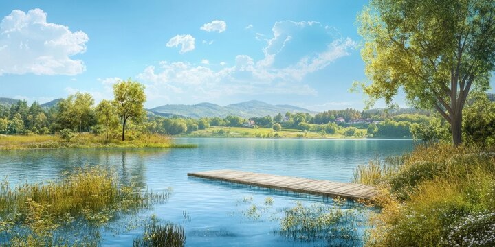 Tranquil serene lake scene under clear blue sky with lush green trees and wooden dock reflecting on the calm sparkling water perfect for relaxation