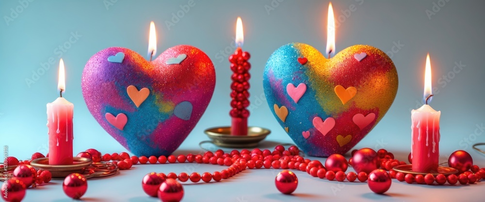 Poster vibrant multicolored hearts and lit candles surrounded by red beads creating a festive atmosphere fo