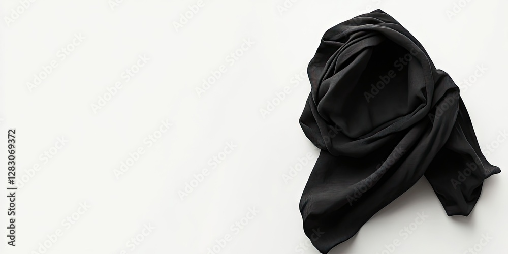Aufkleber Elegant black silk scarf draped on a soft white surface with smooth folds creating a stylish contrast and inviting texture.