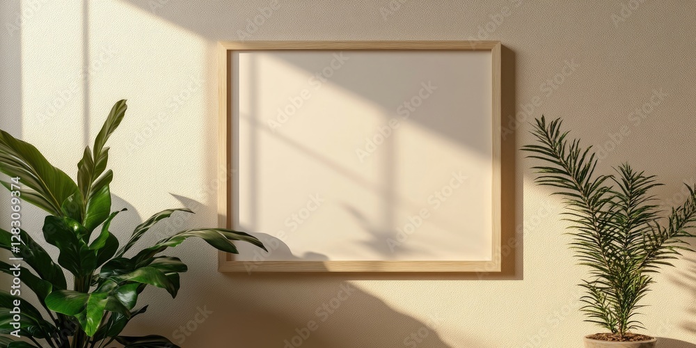 Poster Horizontal mockup of a blank picture frame on a light wall with a green plant on the left and a shadow cast from sunlight on the frame