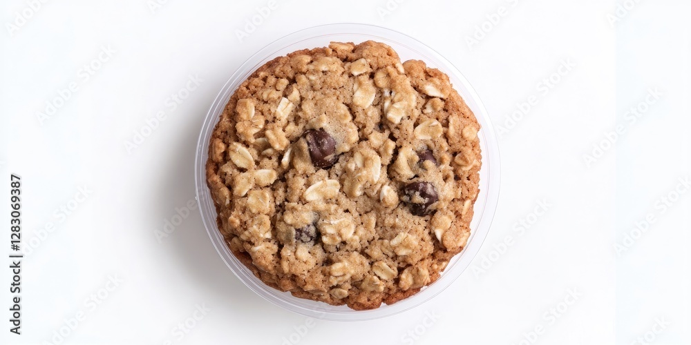 Poster oatmeal cookie in clear plastic packaging centered on white background showcasing its texture and in