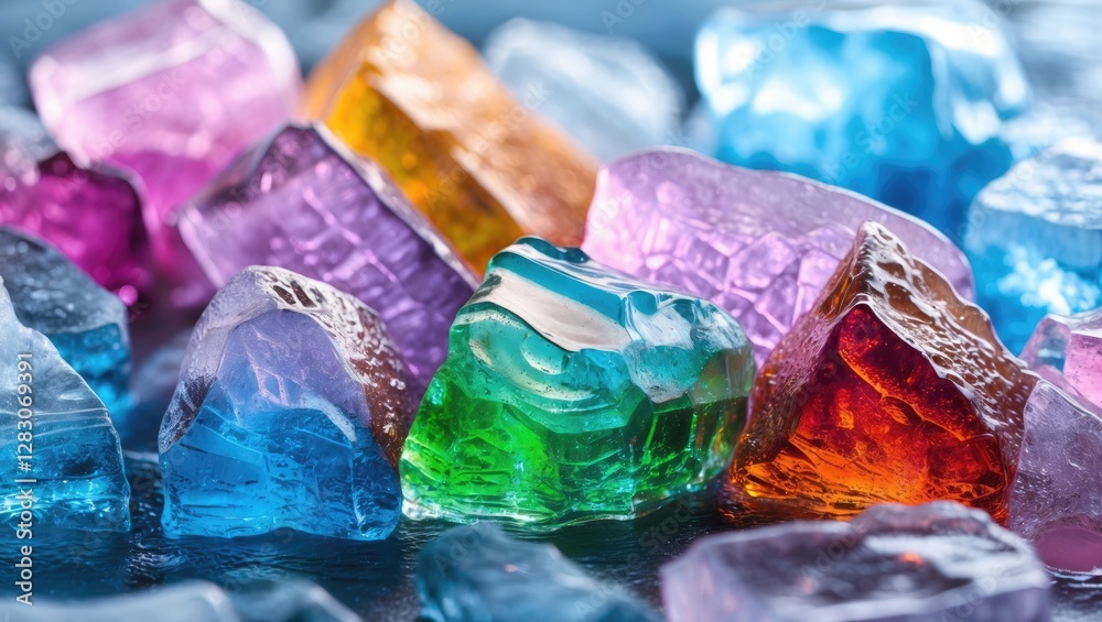 Aufkleber Colorful translucent ice cubes scattered on a reflective surface creating a vibrant and refreshing background for various designs.